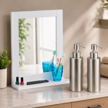 Ensemble de meuble de salle de bains moderne (2 pièces) – Duo de distributeurs de savon en acier inoxydable et miroir mural blanc avec étagère