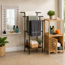 Ensemble mural vintage pour salle de bains (3 pièces) – Étagère en noyer, miroir à lattes et porte-serviettes en bois et métal
