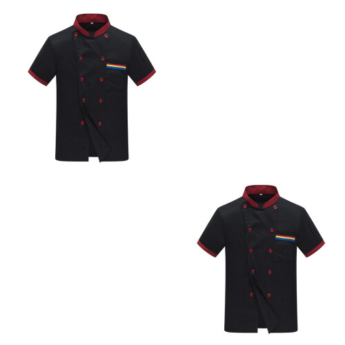2Pièces Veste Chef Décontractée Courte Manche Anti-Huile Noir