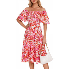 Robe Midi Bohème d’Été Légère Pour L’Été Fluide Florale Rouge 3XL — robe epaule denudee, tenue mariage invitee