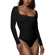 Body Femme à Manches Longues et Décolleté Carré Coupe Ajustée Noir XL — haut moulant, body col carre