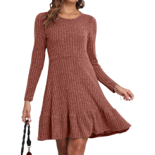 Robe midi pullovers femme élégante extensible décontractée brune L — robe maille hiver, tenue automne femme