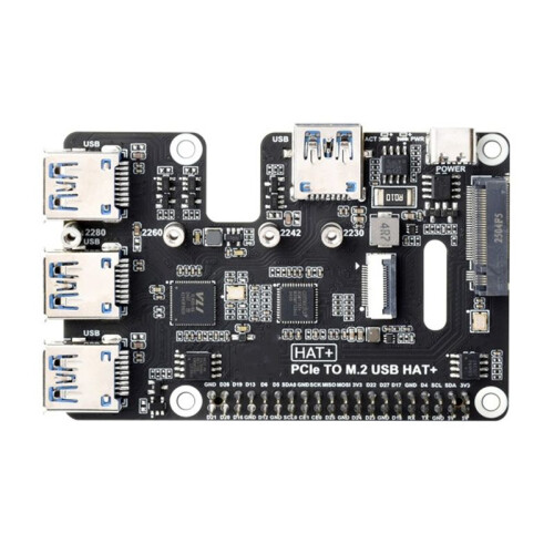 PCIe to USB 3.2 Gen1 and M.2 HAT for Raspberry Pi 5, Supports NVMe Protocol Solid State Drive, Expands 4-Ch USB 3.2 Port