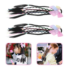 4St Zwarte Hoge Temperatuur Kids Vlechtstaart Extensies Met Strik Clip