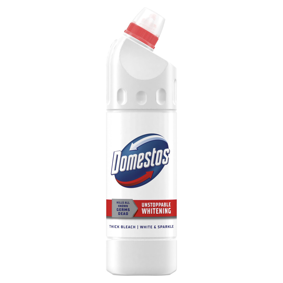 Domestos White & Sparkle Thick Bleach Disinfectant That Eliminates 99.99% Of Bacteria And Viruses* Unstoppable Whitening Power 750 Ml