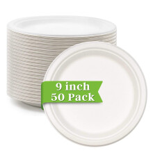 Ask Packaging Strong Paper Plates (9 Inch / 50-Pack) 100% Compostable Heavy-Duty Eco-Friendly Disposable Bagasse Plates, Made of Natural Sugarcane Fi