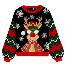 Damen-Pullover Feiertags Strickstoff Rentier Muster Schneeflocken Schwarz L — weihnachtlicher damenpullover, pullover rentier schneeflocken
