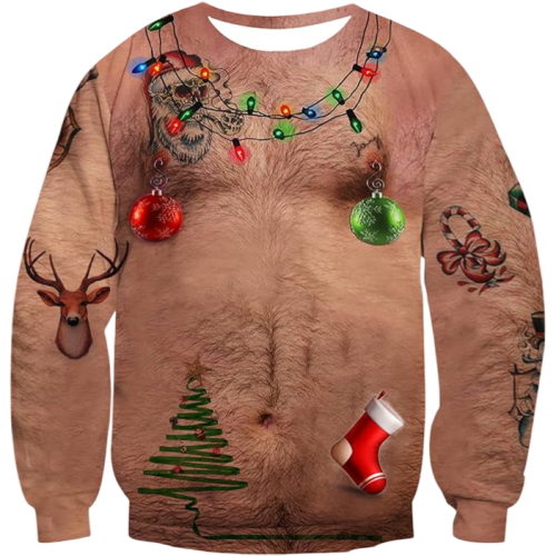 Hässlicher Weihnachts-Pullover behaarter Herren-Torso Langarm lustig M — hässlicher herrenpullover, hässlicher weihnachtspullover