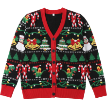 Damen-Cardigan Weihnachtspullover zum Öffnen mit Knöpfen lustiger Dino L — weihnachtlicher damen cardigan, cardigan mit knöpfen