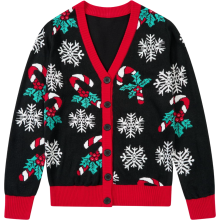 Damen-Korregingstrickjacke Weihnachtspullover zum Aufknöpfen Knöpfe Schneeflocken Schwarz L — weihnachtskardigan damen, strickjacke knöpfe