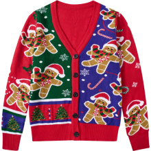 Damen-Kapuzenloser Strickcardigan Weihnachtspullover Winter Lustige Lebkuchen Rot XL — roter damen cardigan, weihnachts cardigan xl