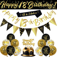 18th Birthday Decorations Set, 18Pcs Black and Gold Birthday Party Supplies with Happy 18th Birthday Banner, Triangle Flags, Sash, Black Gold Balloon