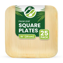 ECO Leaf 25 Disposable Palm Leaf Plates 10" (25cm) Large Square, Eco-Friendly, Biodegradable, Compostable, Durable, Oven Safe Bamboo Plates for Hot F