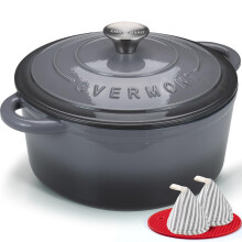 Overmont 28cm/6.6L Enamelled Cast Iron Round Casserole Pot With Lid Cookbook & Cotton Potholders - Non-stick Dutch Oven Cookware for Braising, Stews,