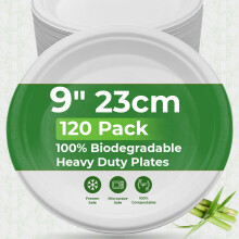 PRIME FEEL Disposable Paper Plates 9 Inch [120 Pack] 100% Compostable Sugarcane Heavy-Duty Eco Friendly Plates for Party Events, BBQs, Camping, and P
