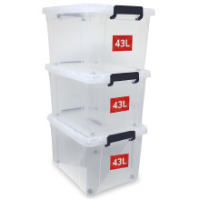 BARGAIN FACTORY 3 x Clear Plastic Storage Container Large Boxes With Lids, Closing Clips and Wheels 43L Integrated Handles Stackable BPA Free Box For