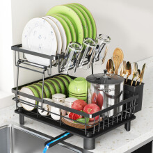 romision Two Tier Dish Drainer Rack with Draining Board, Black Stainless Steel Washing Up Drainer for Kitchen Sink, Auto Drainage Spout, Cutlery & Cu