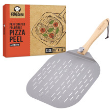 Chef Pomodoro Aluminum Metal Perforated Pizza Peel with Foldable Wood Handle for Easy Storage