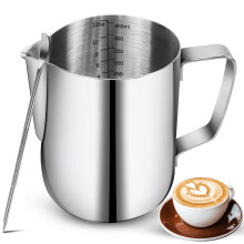 Milk Frothing Pitchers 12oz, Stainless Steel Espresso Steaming Pitchers with Decorating Pen Coffee Milk Frother Cup with Scale Cappuccino Latte Art B