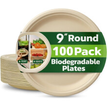 Strong Paper Plates (9inch - 100 Pack) – 100% Compostable Disposable Plates – Heavy Duty Natural Sugarcane Eco-Friendly Biodegradable Plastic Free
