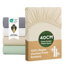 Bedsure Super King Fitted Sheet - 100% Rayon Derived from Bamboo, Cooling Bed Sheets, Soft Breathable Hypoallergenic, Extra Deep Pocket 40cm, Beige