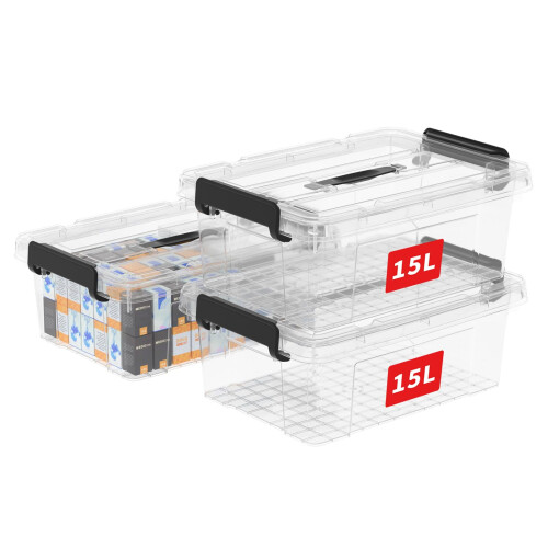 Cetomo 15L*3 Storage Boxes, Carry Plastic Storage Box with Lids, Clear Organizing Container with Handle and Secure Latches, Nestable & Stackable Tote
