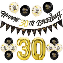 Afirbeone 30th Birthday Decorations Set, Including Black Gold Happy Birthday Banner, Triangle Flag Banner, Confetti Latex Balloons and Aluminum Foil