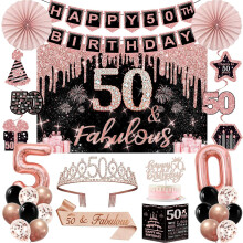 50th Birthday Decorations for Women,32pcs 50th Birthday Party Decorations,Including Backdrop, Crown, Sash, banner, Hanging Swirl,Cake Topper,balloons