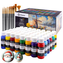 Artecho Acrylic Paints Set 48 Colors 2 Ounce/59ml with 10 Art Brushs, Non Toxic, Model Paint, Waterproof Paint, Acrylic Paint Kit for Canvas, Crafts,