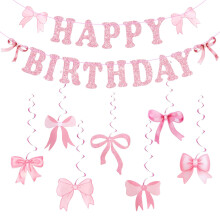 Pink Birthday Party Decorations Set with Pre-Strung Happy Birthday Banner, Bow Banner, Hanging Swirls for Women Party Backdrop