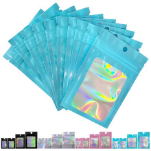 FUNTOOB Mylar Bags 100Pcs Blue Holographic Foil Sealed Bags Resealable Pouches Little Small Bag Sweet Pouches Sample Bag for Cookies Jewellery Gift P