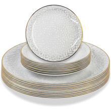 Luxia 20Pcs Clear Plastic Dinner Plates and Dessert Plates Set -Elegant Gold Rim & Hammered Textured Design, Durable, Reusable Tableware for Wedding