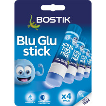 Bostik Blu Stick Glue Sticks 4 x 8g - Goes on Blue - Dries Clear - Solvent Free - Washable