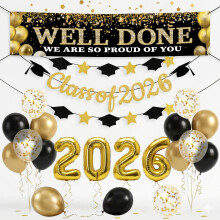 2026 Graduation Decorations Banner Balloons Set, Class of 2026 Black and Gold Party Decorations with 32in 2026 Balloon Latex Balloons Star Cap Garlan
