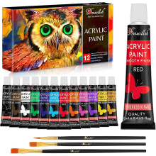 Drawlish Acrylic Paints Set of 12 with 3 Paint Brushes & (12ml) Tubes | Highly-Pigmented Fabric Paint | Ideal for Canvas, Wood, Ceramic, Glass & Rock
