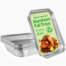 10 Pack Large Aluminium Foil Trays (32x21x5 cm) - Heavy Duty Disposable Roasting Pans & Deep Baking Tins - Rectangular Foil Containers for Oven Cooki
