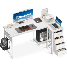 Coleshome Computer Desk with Drawers, 120x70 cm Corner Desk for Home Office, Reversible L Shaped Office Desks White