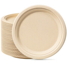 GREENESAGE Rigid 10 inch 50 Pack Large Disposable Paper Brown Plates Sugarcane Biodegradable and Compostable Strong Dishes for Picnic Wedding Party B