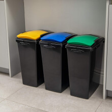 Addis Recycling 40 Litre Set of 3 Waste Utility Plastic Bins Interlocking Clips, Lift, Blue & Yellow, Black Colour Coded Lids Green, Blue, Yellow, 3
