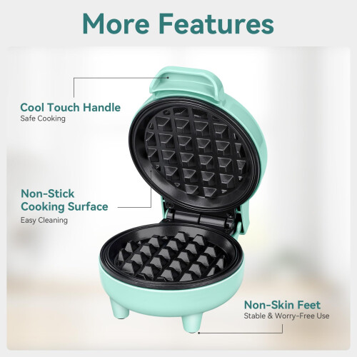 SNAILAR Mini Waffle Maker, 550W Waffle Iron, Ready Indicator Light, Non Stick Coating, Cool Touch Handle, Compact Size, Green