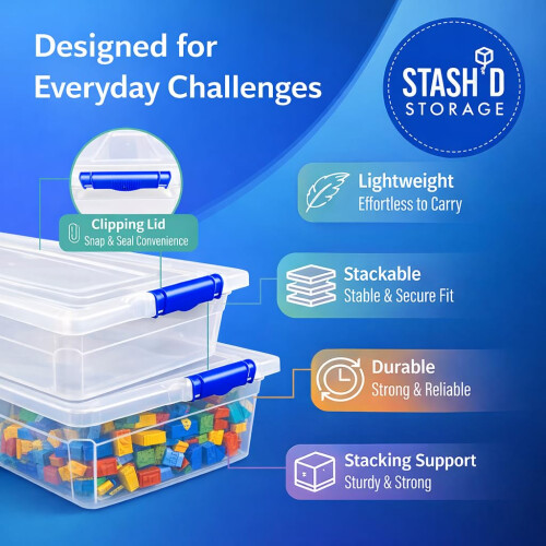 STASH’D STORAGE 32L, 50L, or 80L Storage Boxes with Lids - Stackable Clear Plastic Boxes with Clip-Lock Lid - Durable & Multipurpose Storage Box for 2