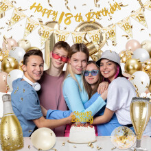 18th Birthday Decorations, Happy 18th Birthday Banner, 40 inches 18 Foil Balloons, Champagne Golden Bottle and Glass, Gold, Pink, White and Confetti