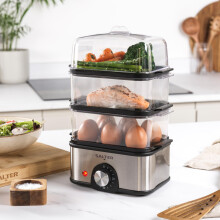 Salter 3-Tier Food Steamer – 1-2 Portions, Compact Multi-Cooker with 3 Steam Baskets, Electric Egg Cooker, 8-Egg Capacity, Vegetable Steamer, 60-Min