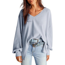 Blusa Camisola Tunica Escotado en V tipo Wafle Holgada Suave y Cómoda Azul Claro S — camisa mujer manga