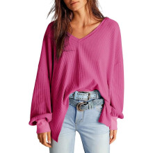 Túnica Oversize de punto waffle para mujer manga larga cuello de pico corte holgado tejido rosa M — blusa mujer holgada