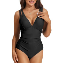 Figurformender Einteiliger Badeanzug Mit V-Ausschnitt Damen Kostüm XXL — schwarzer badeanzug, badeanzug einteilig xxl, schlank machender badeanzug