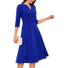 Robe de cocktail pour femme Élégante mi-longue Col en forme de cœur Manches longues Robe bleue S — tenue mariage invité