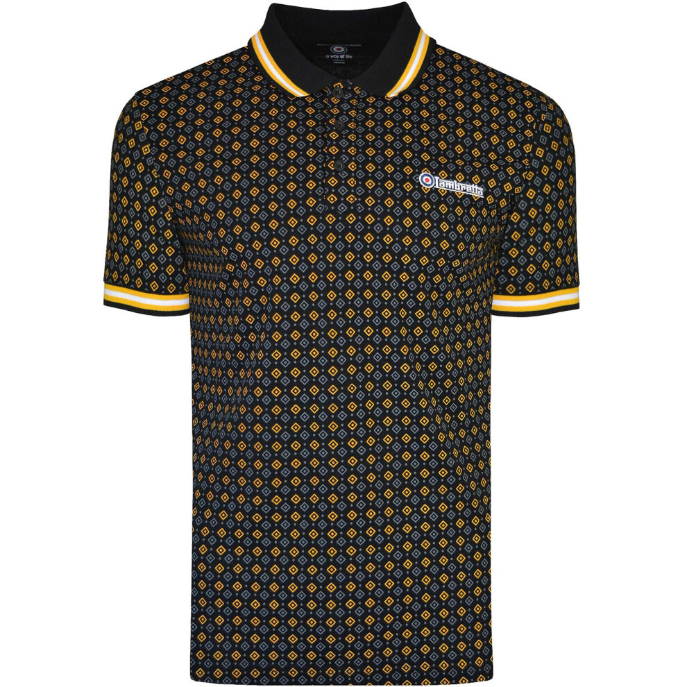 Lambretta (4Xl, Black) Mens Geometric Allover Print Short Sleeve Collared Polo Shirt Top Tee
