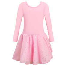 Justaucorps de Ballet avec Jupe Tutu Tenue de Danse Fille Manches Longues Rose en Coton 160 cm - Dos Tressé Gymnastique