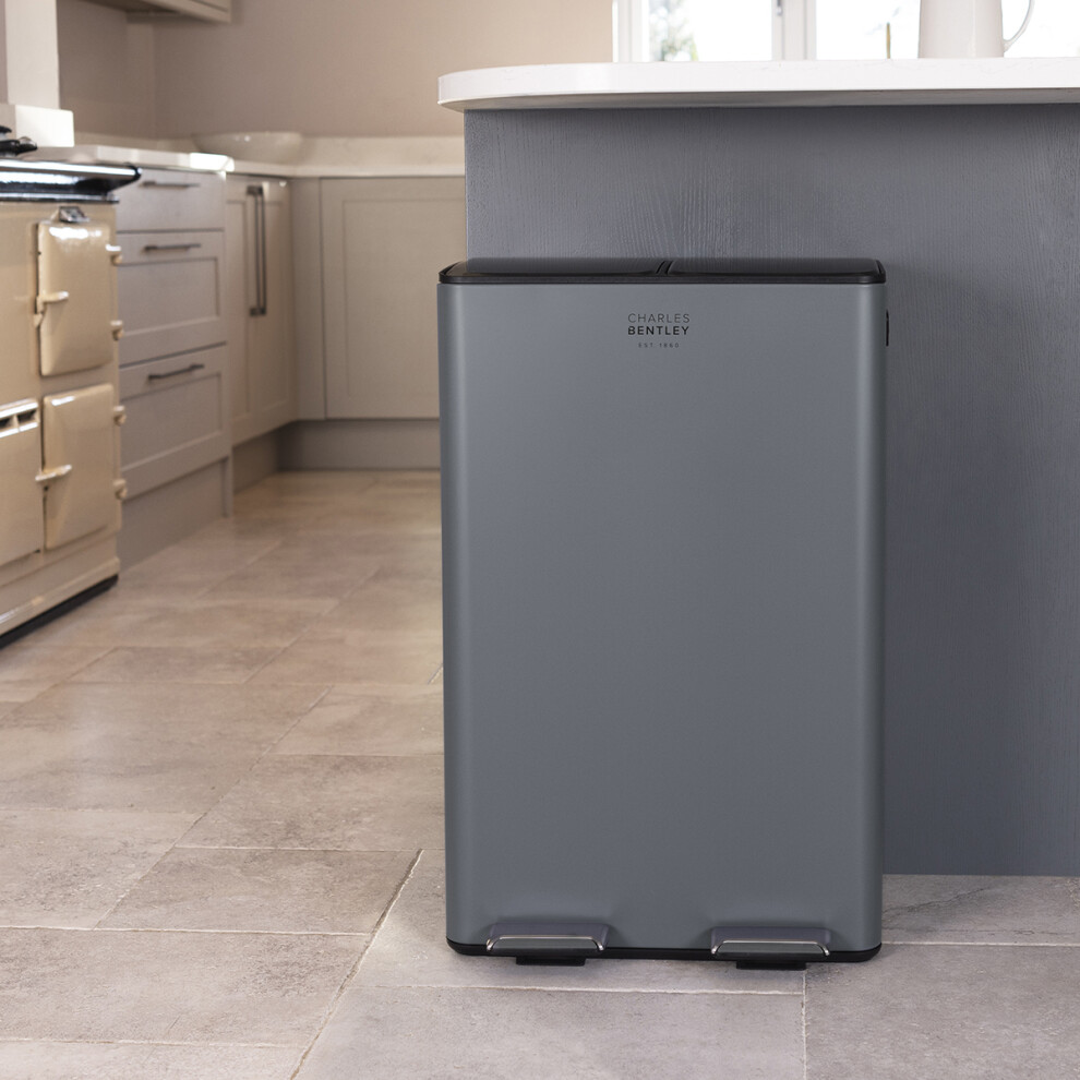Charles Bentley Kitchen Bin, 60 Litre, Double Compartment, Grey, Kitchen Bin, Rubbish Bin, Bins For Kitchen Waste, Pedal Bin, Double Bin, Recycling